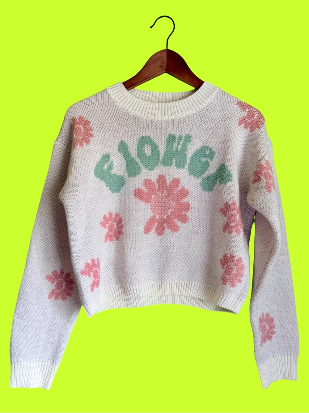 SHEIN Cream Floral Cropped Knit Sweater Size Small